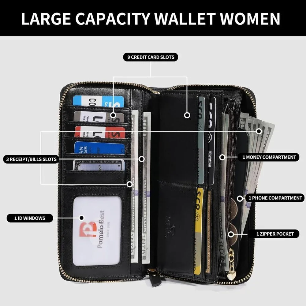 Women's RFID Blocking Leather Wallet Large Capacity Zip Around Wristlet Purse